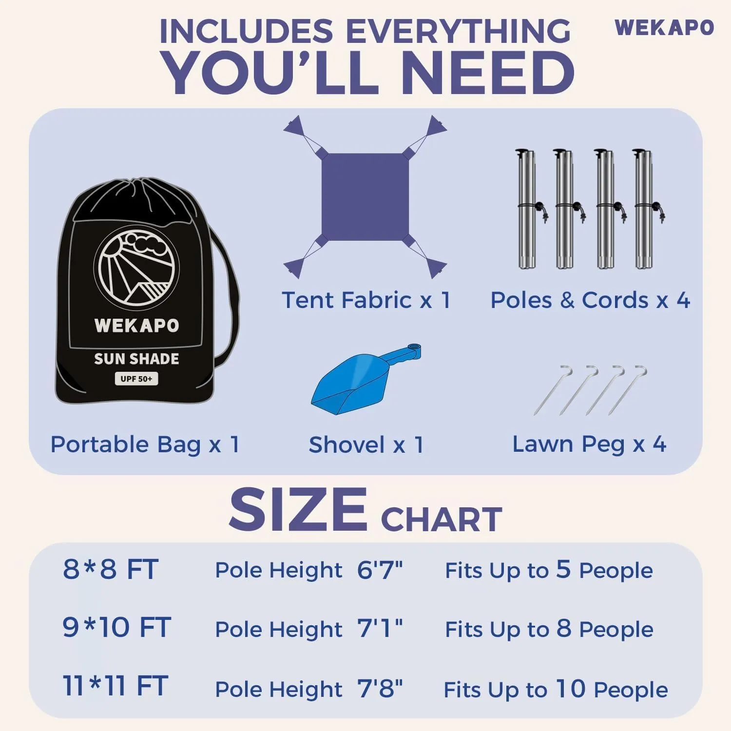 WEKAPO Beach Tent Sun Shelter - Easy Setup Beach Canopy with 4 Sturdy Poles, Extra Large Sandbags and Shovel, 7'8'' Tall, Windproof Sun Shade for Backyard and Camping, UPF 50  Protection