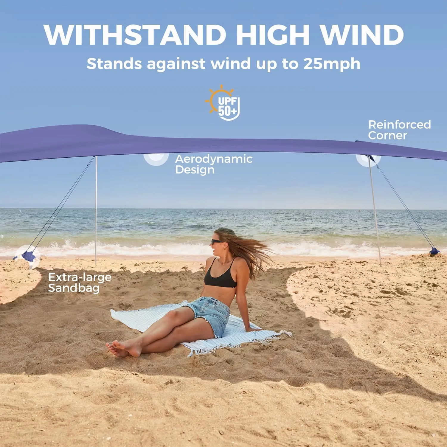WEKAPO Beach Tent Sun Shelter - Easy Setup Beach Canopy with 4 Sturdy Poles, Extra Large Sandbags and Shovel, 7'8'' Tall, Windproof Sun Shade for Backyard and Camping, UPF 50  Protection