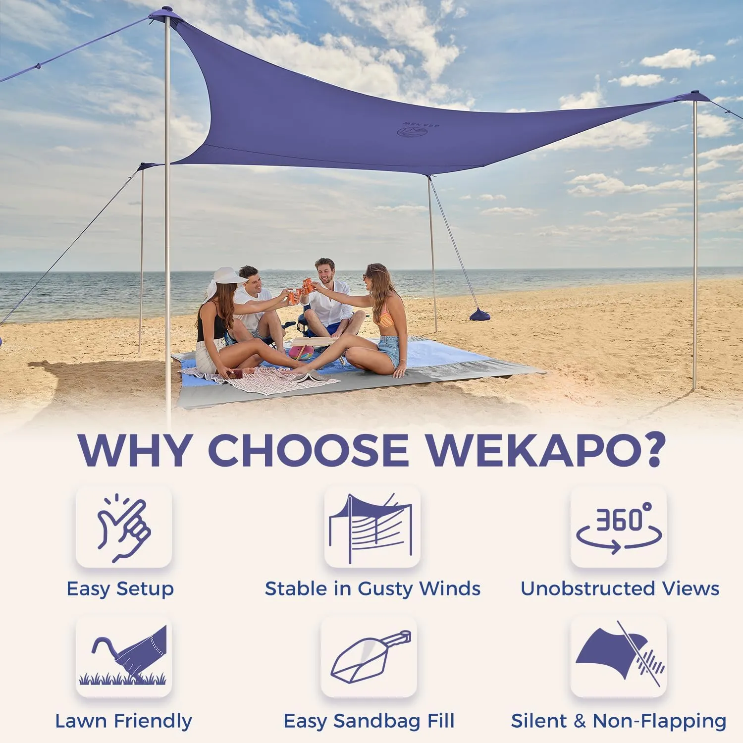 WEKAPO Beach Tent Sun Shelter - Easy Setup Beach Canopy with 4 Sturdy Poles, Extra Large Sandbags and Shovel, 7'8'' Tall, Windproof Sun Shade for Backyard and Camping, UPF 50  Protection