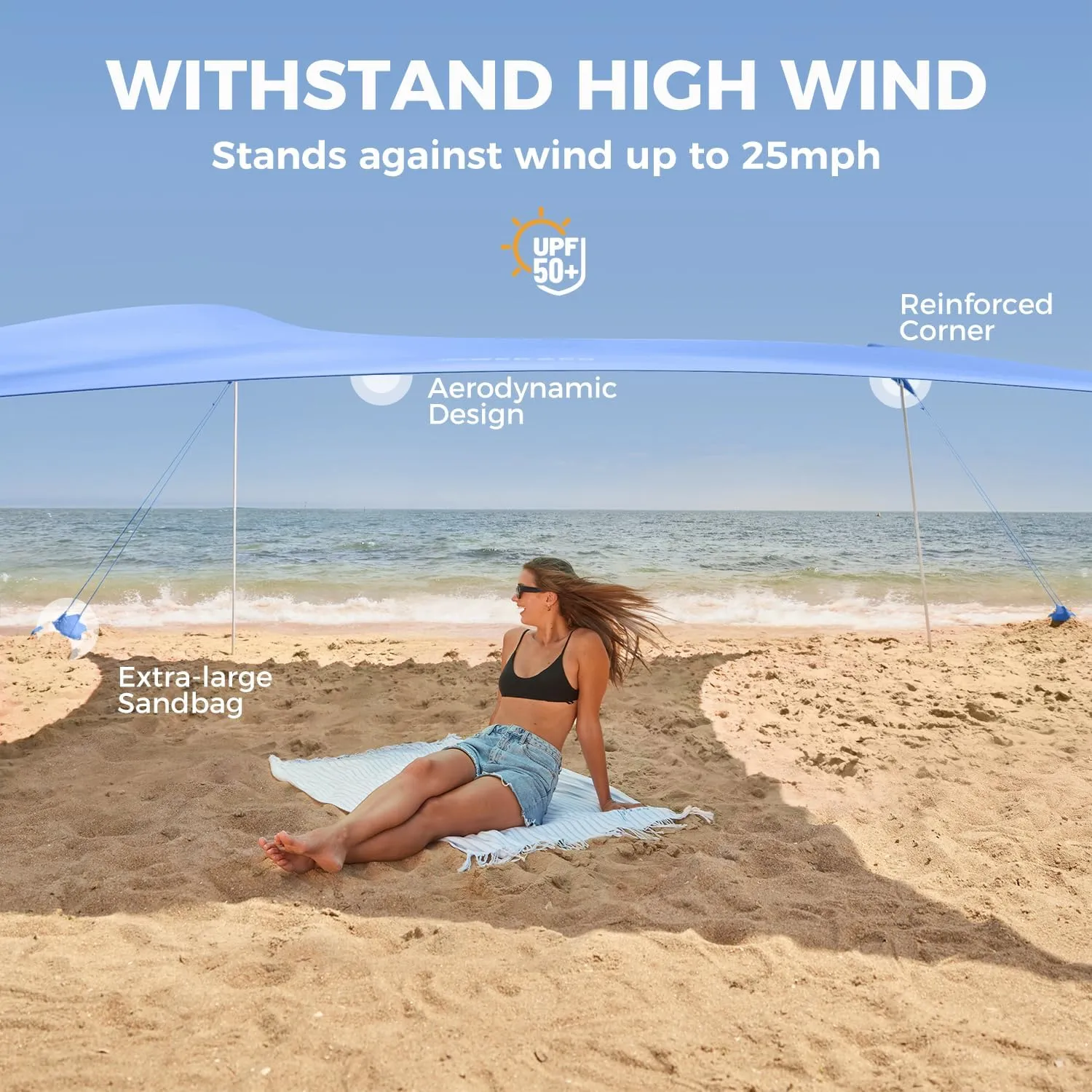 WEKAPO Beach Tent Sun Shelter - Easy Setup Beach Canopy with 4 Sturdy Poles, Large Sandbags and Shovel, 6'7'' Tall, Windproof Sun Shade for Backyard and Camping, UPF 50  Protection