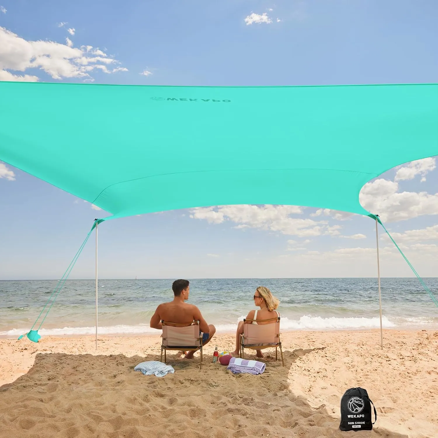 WEKAPO Beach Tent Sun Shelter - Easy Setup Beach Canopy with 4 Sturdy Poles, Large Sandbags and Shovel, 6'7'' Tall, Windproof Sun Shade for Backyard and Camping, UPF 50  Protection