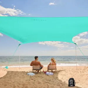 WEKAPO Beach Tent Sun Shelter - Easy Setup Beach Canopy with 4 Sturdy Poles, Large Sandbags and Shovel, 6'7'' Tall, Windproof Sun Shade for Backyard and Camping, UPF 50  Protection