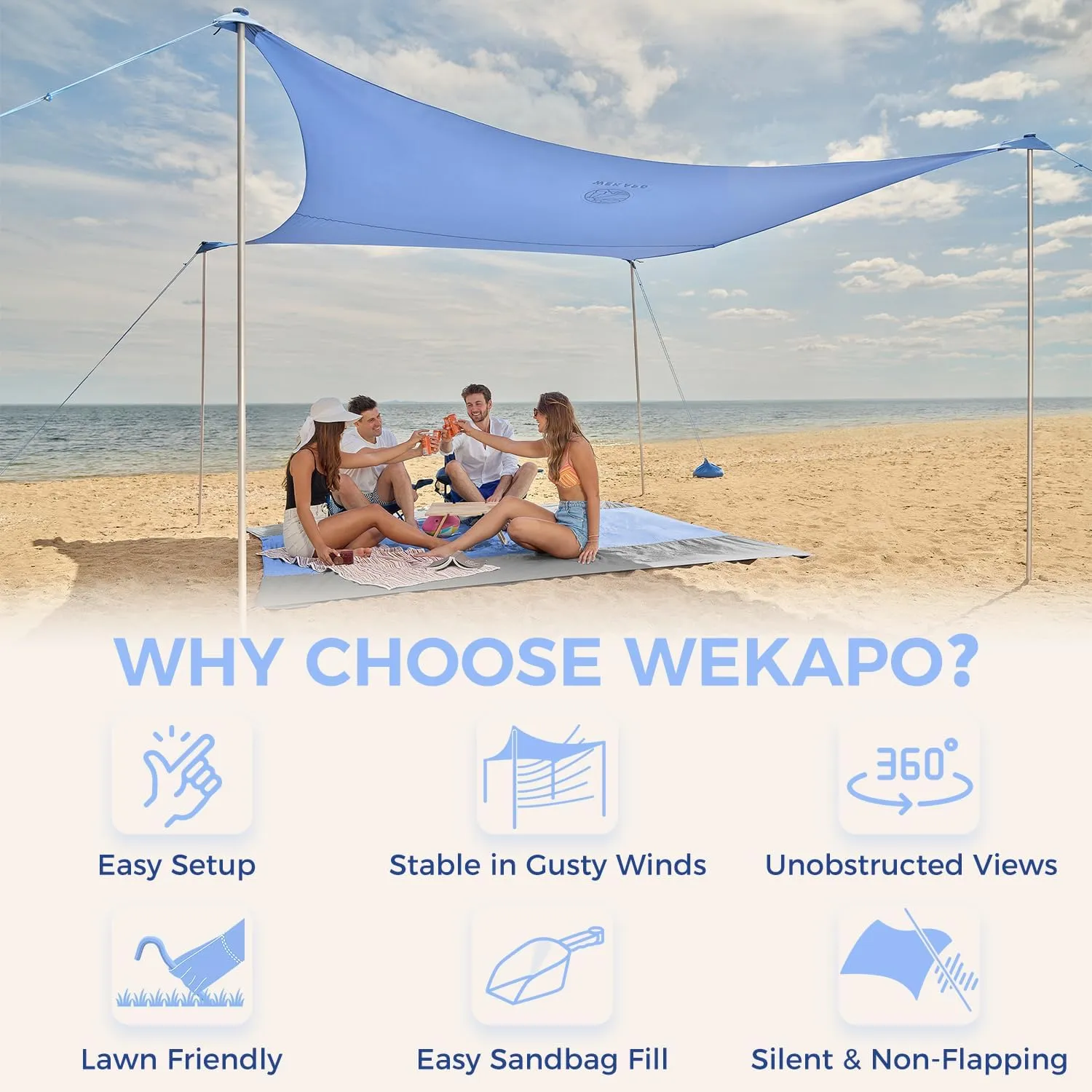 WEKAPO Beach Tent Sun Shelter - Easy Setup Beach Canopy with 4 Sturdy Poles, Large Sandbags and Shovel, 6'7'' Tall, Windproof Sun Shade for Backyard and Camping, UPF 50  Protection