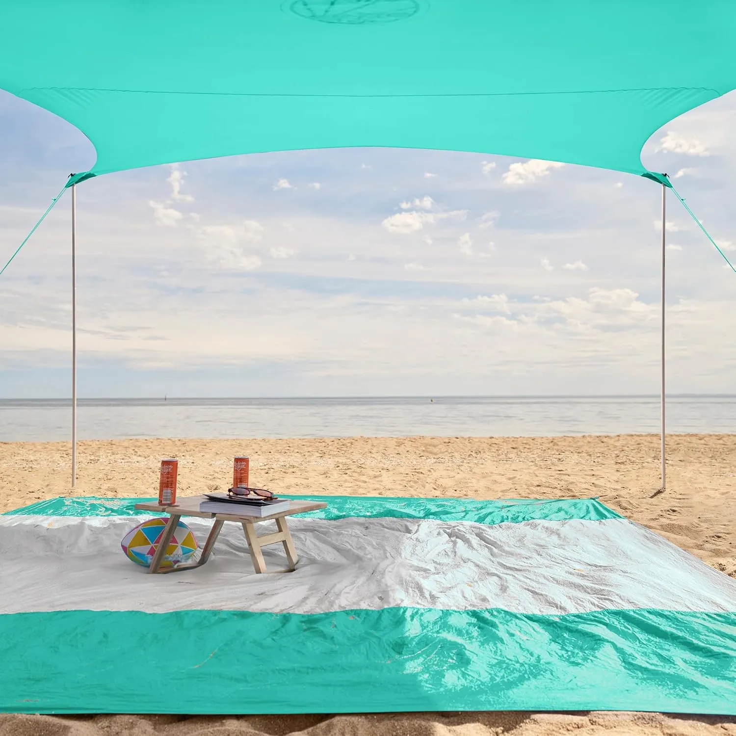 WEKAPO Beach Tent Sun Shelter - Easy Setup Beach Canopy with 4 Sturdy Poles, Large Sandbags and Shovel, 6'7'' Tall, Windproof Sun Shade for Backyard and Camping, UPF 50  Protection
