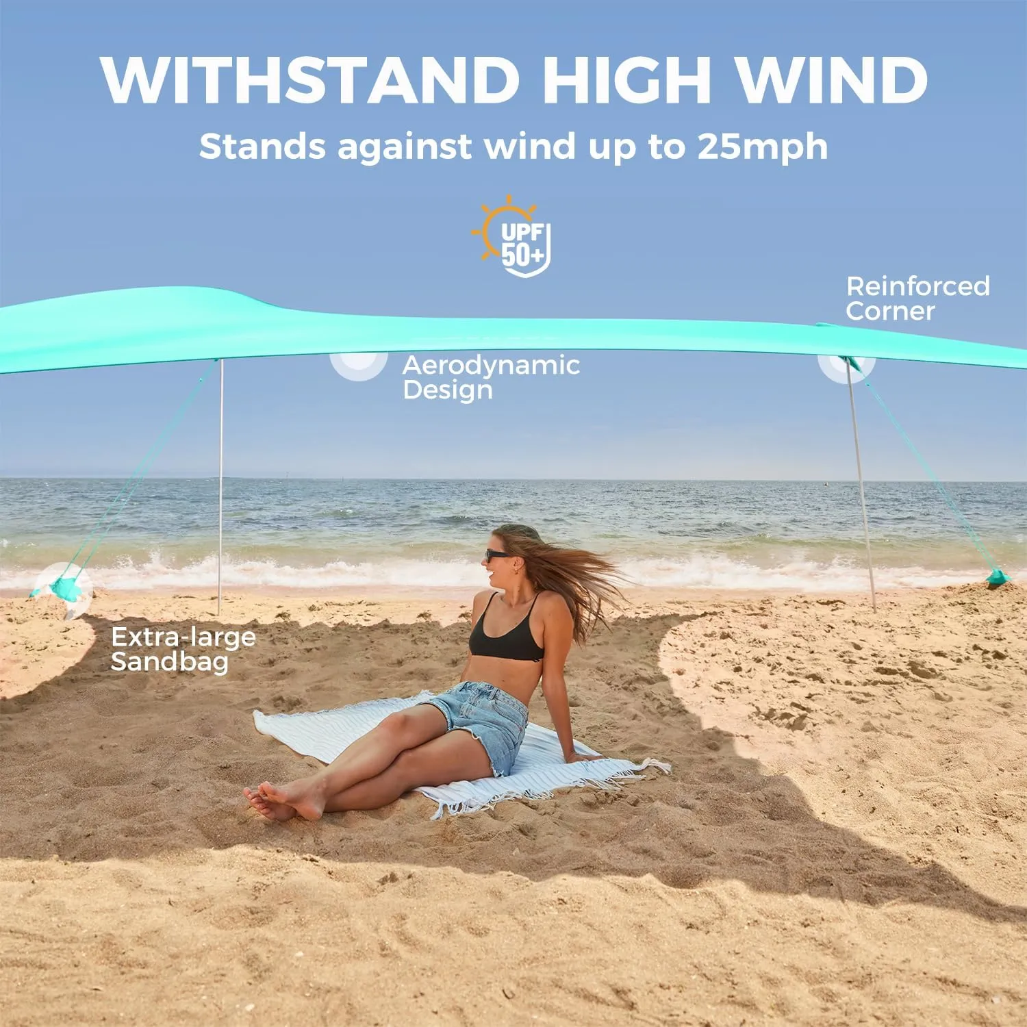 WEKAPO Beach Tent Sun Shelter - Easy Setup Beach Canopy with 4 Sturdy Poles, Large Sandbags and Shovel, 6'7'' Tall, Windproof Sun Shade for Backyard and Camping, UPF 50  Protection