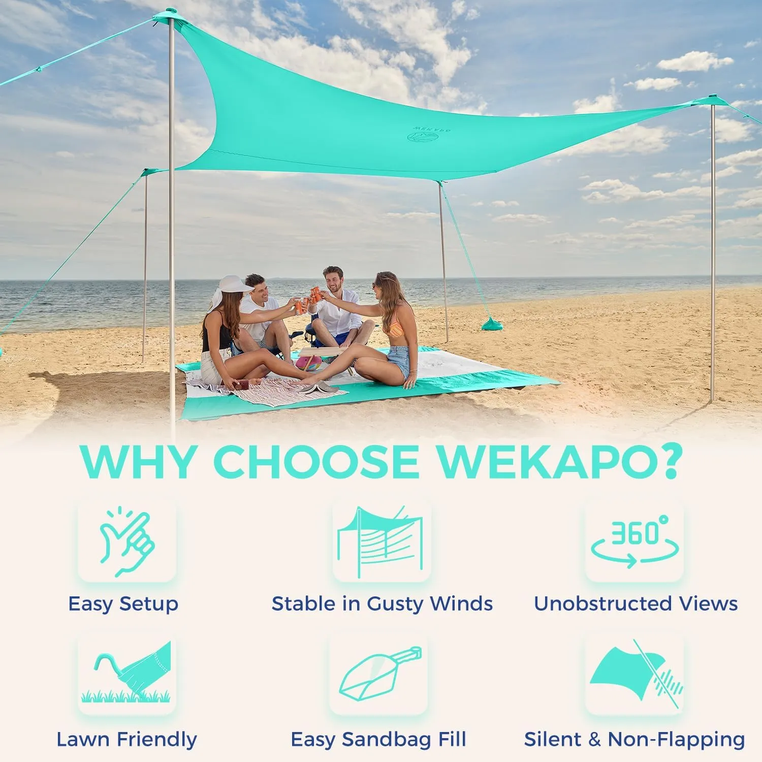 WEKAPO Beach Tent Sun Shelter - Easy Setup Beach Canopy with 4 Sturdy Poles, Large Sandbags and Shovel, 6'7'' Tall, Windproof Sun Shade for Backyard and Camping, UPF 50  Protection