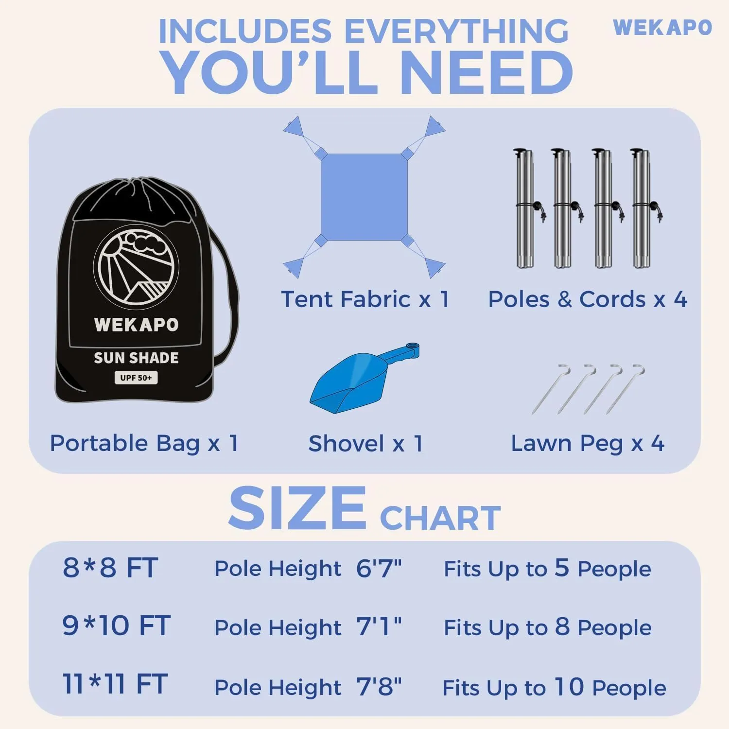 WEKAPO Beach Tent Sun Shelter - Easy Setup Beach Canopy with 4 Sturdy Poles, Large Sandbags and Shovel, 6'7'' Tall, Windproof Sun Shade for Backyard and Camping, UPF 50  Protection