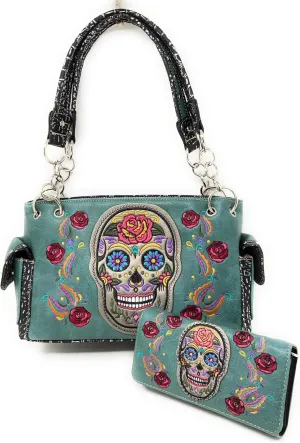 Western Sugar Skull Rhinestone Flora Embroider Concealed Carry Purse/Multi Color