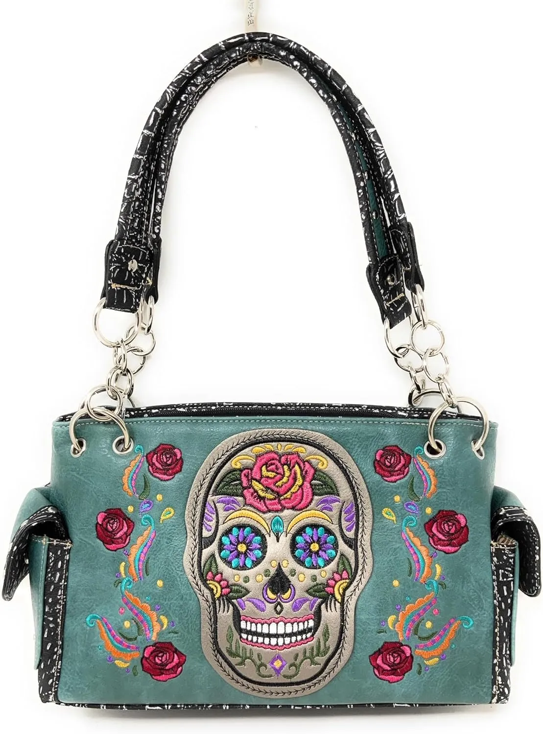 Western Sugar Skull Rhinestone Flora Embroider Concealed Carry Purse/Multi Color