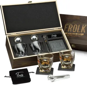 Whiskey Stones Gift Set for Men - 2 King-Sized Chilling Stainless-Steel Whiskey Balls - 2 XL Whiskey Glasses, Slate Stone Coasters, Freezer Pouch & Tongs - Luxury Set in Unique Pine Wood Box