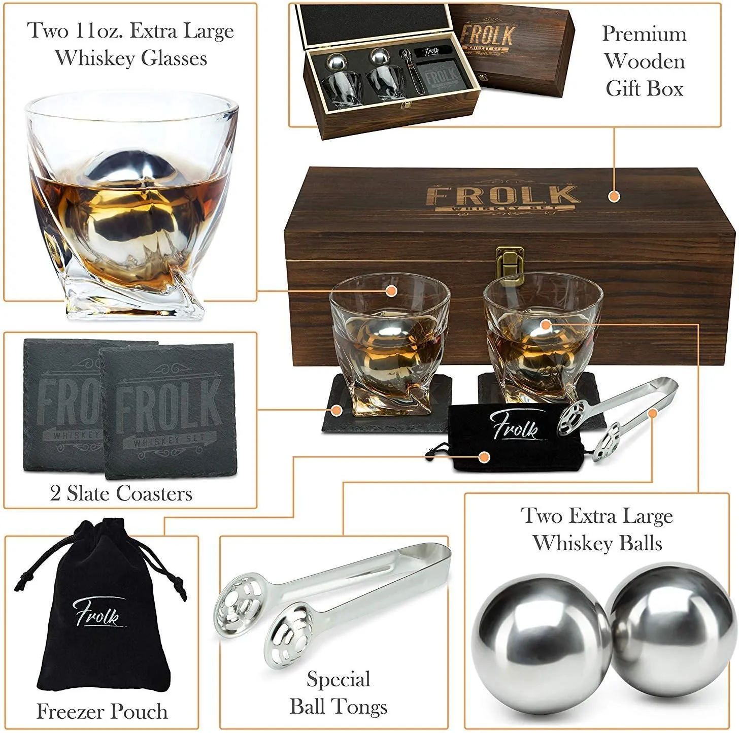 Whiskey Stones Gift Set for Men - 2 King-Sized Chilling Stainless-Steel Whiskey Balls - 2 XL Whiskey Glasses, Slate Stone Coasters, Freezer Pouch & Tongs - Luxury Set in Unique Pine Wood Box