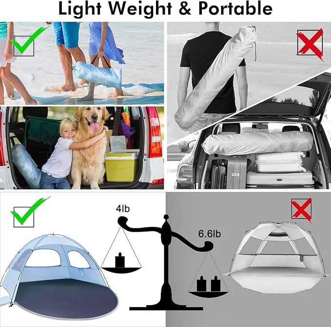 WhiteFang Beach Tent Anti-UV Portable Sun Shade Shelter for 3/4/6 Person, Extendable Floor with 3 Ventilating Mesh Windows Plus Carrying Bag, Stakes and Guy Lines