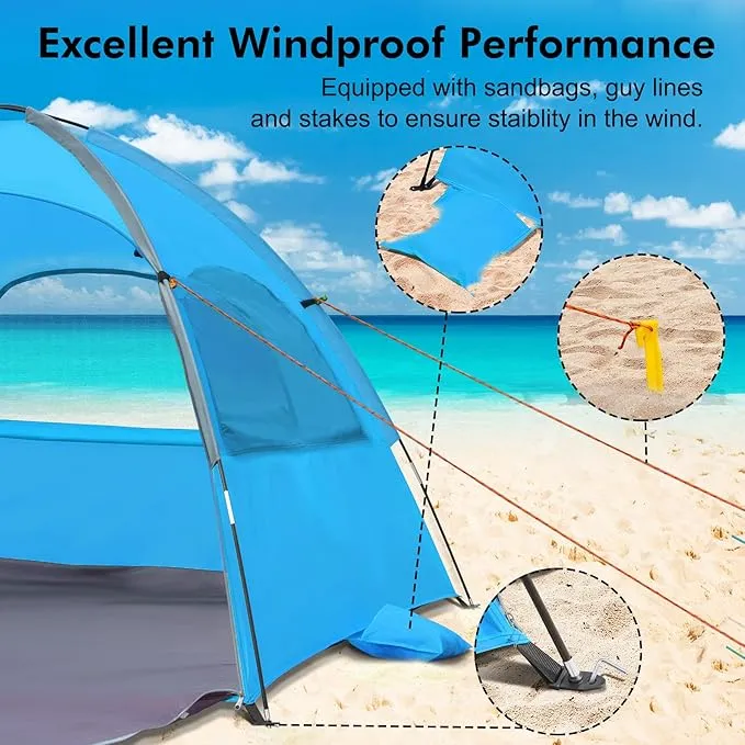 WhiteFang Beach Tent Anti-UV Portable Sun Shade Shelter for 3/4/6 Person, Extendable Floor with 3 Ventilating Mesh Windows Plus Carrying Bag, Stakes and Guy Lines
