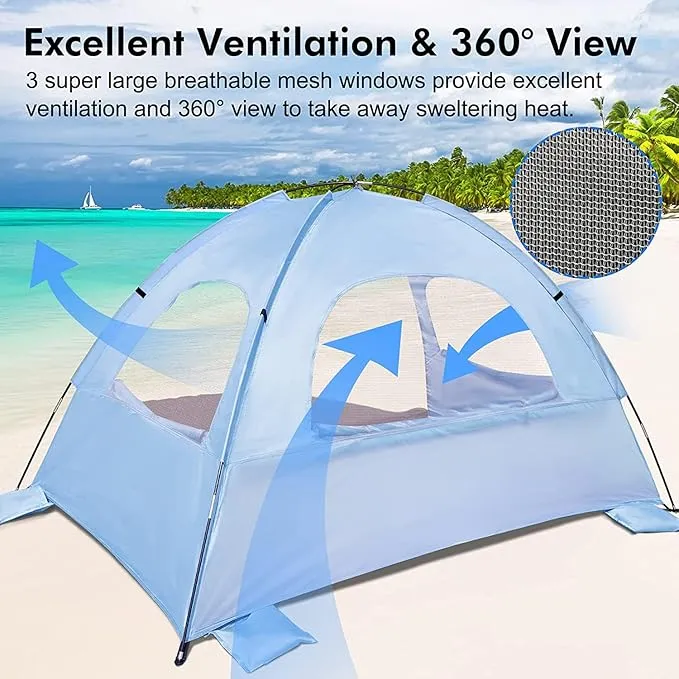 WhiteFang Beach Tent Anti-UV Portable Sun Shade Shelter for 3/4/6 Person, Extendable Floor with 3 Ventilating Mesh Windows Plus Carrying Bag, Stakes and Guy Lines