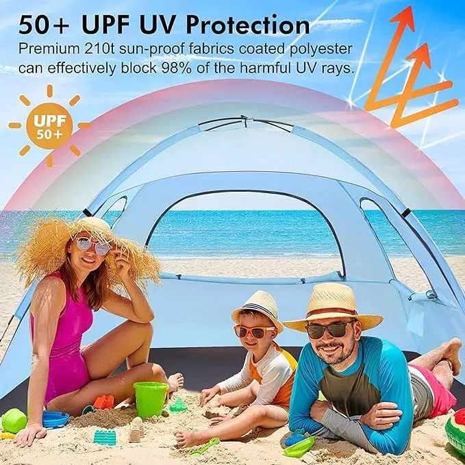 WhiteFang Beach Tent Anti-UV Portable Sun Shade Shelter for 3/4/6 Person, Extendable Floor with 3 Ventilating Mesh Windows Plus Carrying Bag, Stakes and Guy Lines