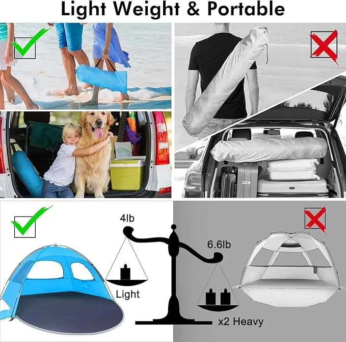 WhiteFang Beach Tent Anti-UV Portable Sun Shade Shelter for 3/4/6 Person, Extendable Floor with 3 Ventilating Mesh Windows Plus Carrying Bag, Stakes and Guy Lines