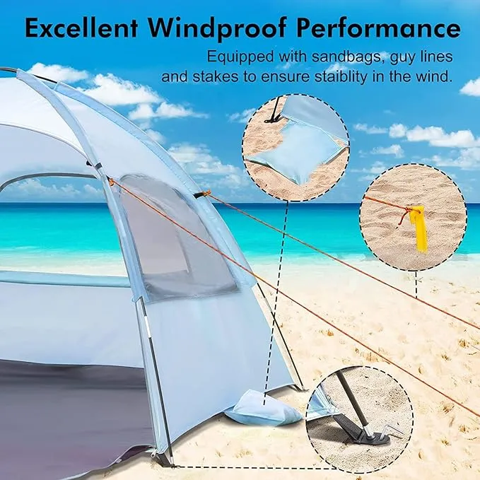 WhiteFang Beach Tent Anti-UV Portable Sun Shade Shelter for 3/4/6 Person, Extendable Floor with 3 Ventilating Mesh Windows Plus Carrying Bag, Stakes and Guy Lines