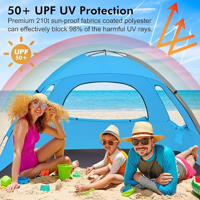 WhiteFang Beach Tent Anti-UV Portable Sun Shade Shelter for 3/4/6 Person, Extendable Floor with 3 Ventilating Mesh Windows Plus Carrying Bag, Stakes and Guy Lines