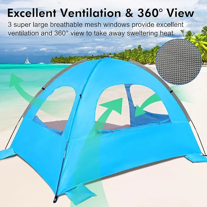 WhiteFang Beach Tent Anti-UV Portable Sun Shade Shelter for 3/4/6 Person, Extendable Floor with 3 Ventilating Mesh Windows Plus Carrying Bag, Stakes and Guy Lines