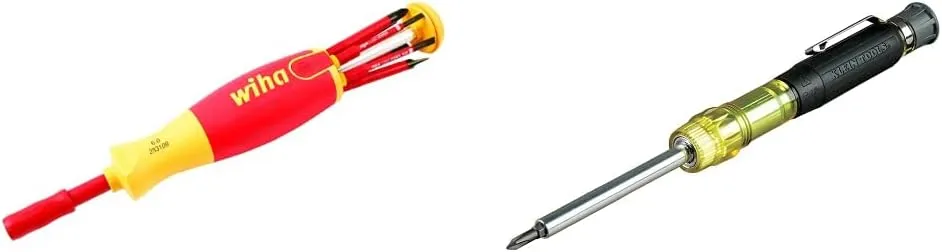 Wiha 28393 Insulated Slim Line Precision Pop Up Screwdriver Set, Slotted, 7-Piece, Red and Klein Tools 32614 Multi-bit Precision Screwdriver Set, 4-in-1 Electronics Pocket Screwdriver