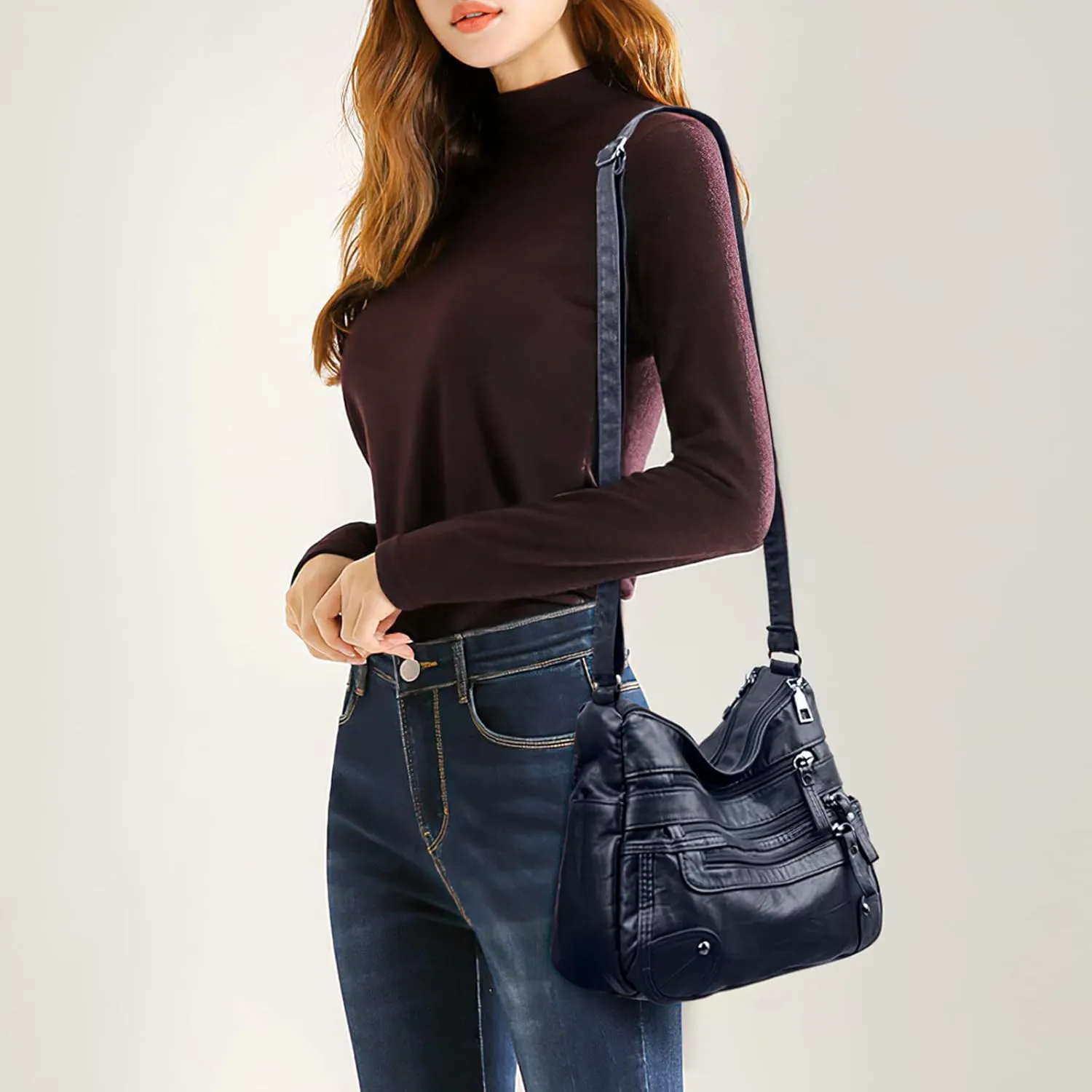 WITERY Crossboby Bag for Women - Soft PU Leather Multi-Pocket Shoulder Bag Handbag with Adjustable Strap
