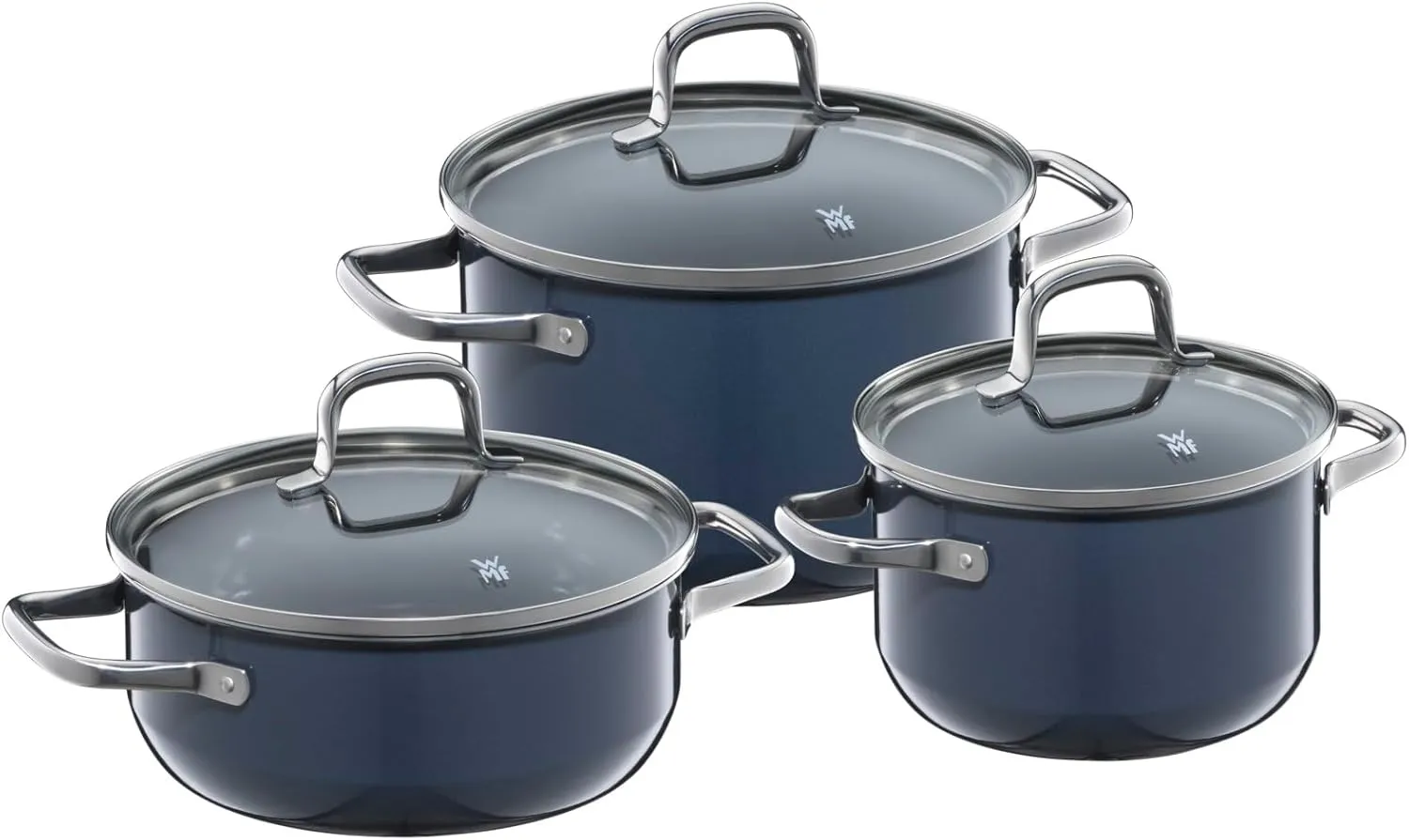 WMF Fusiontec Essential Induction 3-Piece Saucepan Set with Glass Lid, Induction Pots Set, High-Tech Ceramic, Scratch-Resistant, Uncoated, No Inner Scale, Drip-Free, Dark Blue