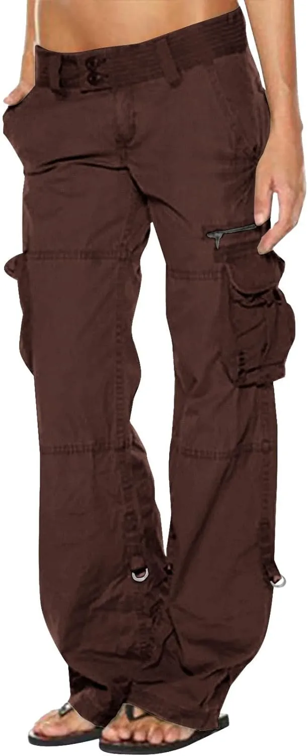Womens Cotton Cargo Pants Tactical Active Loose Pockets Military Trouser Low Waist Plus Size Wide Leg Hiking Pants