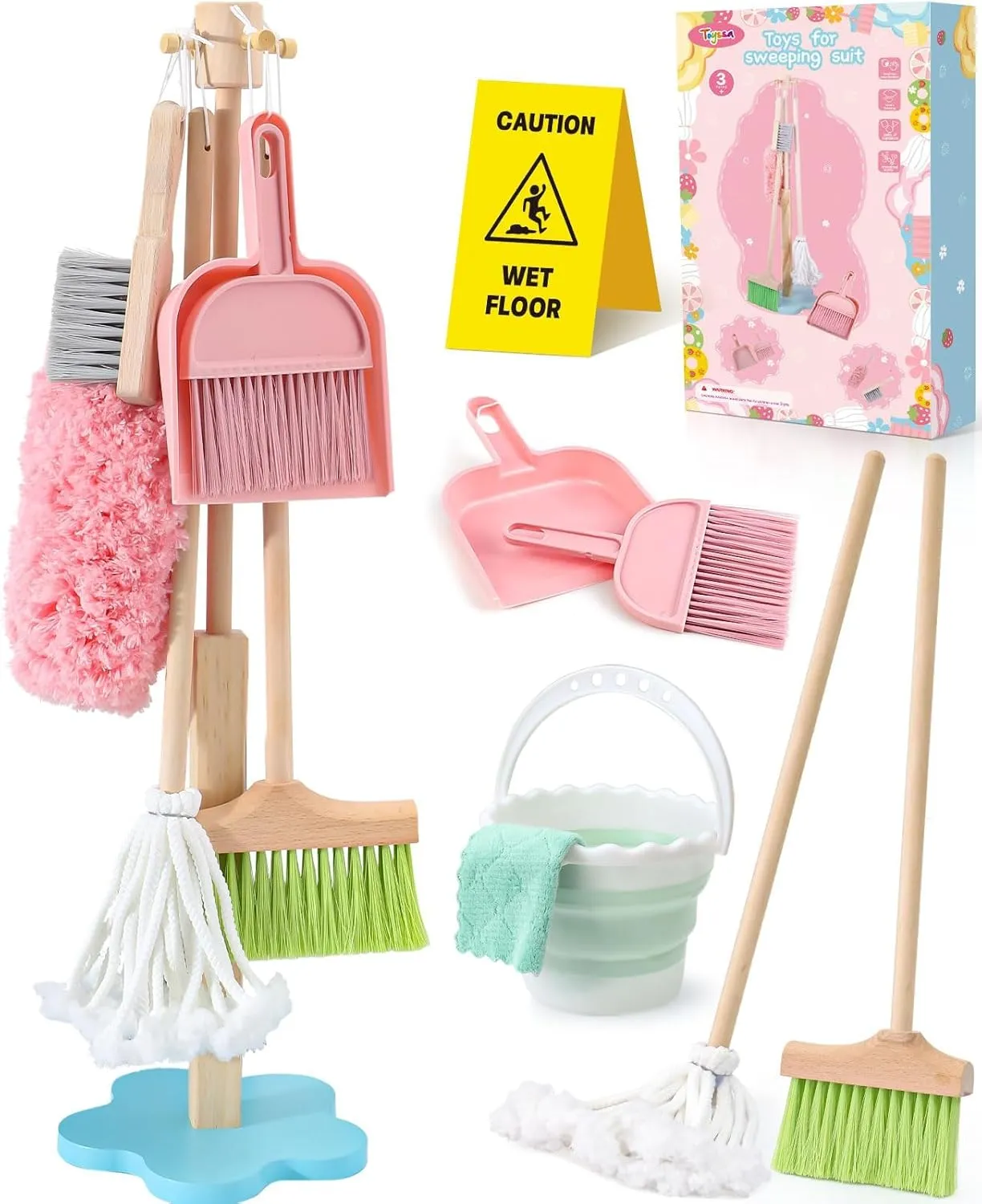 Wooden Kids Cleaning Toy Set for Toddlers Mop Broom and Dustpan Set, 12 Pcs Detachable Housekeeping Playset with Bucket Duster Brushes Pretend Play Cleaning Toys Gift for Boy Girl Age 3 4 5 6