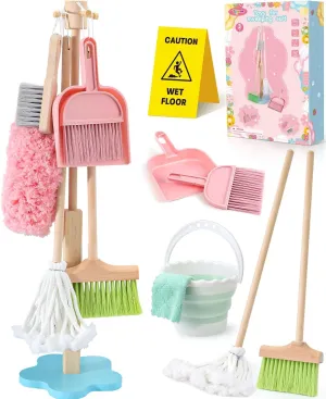 Wooden Kids Cleaning Toy Set for Toddlers Mop Broom and Dustpan Set, 12 Pcs Detachable Housekeeping Playset with Bucket Duster Brushes Pretend Play Cleaning Toys Gift for Boy Girl Age 3 4 5 6