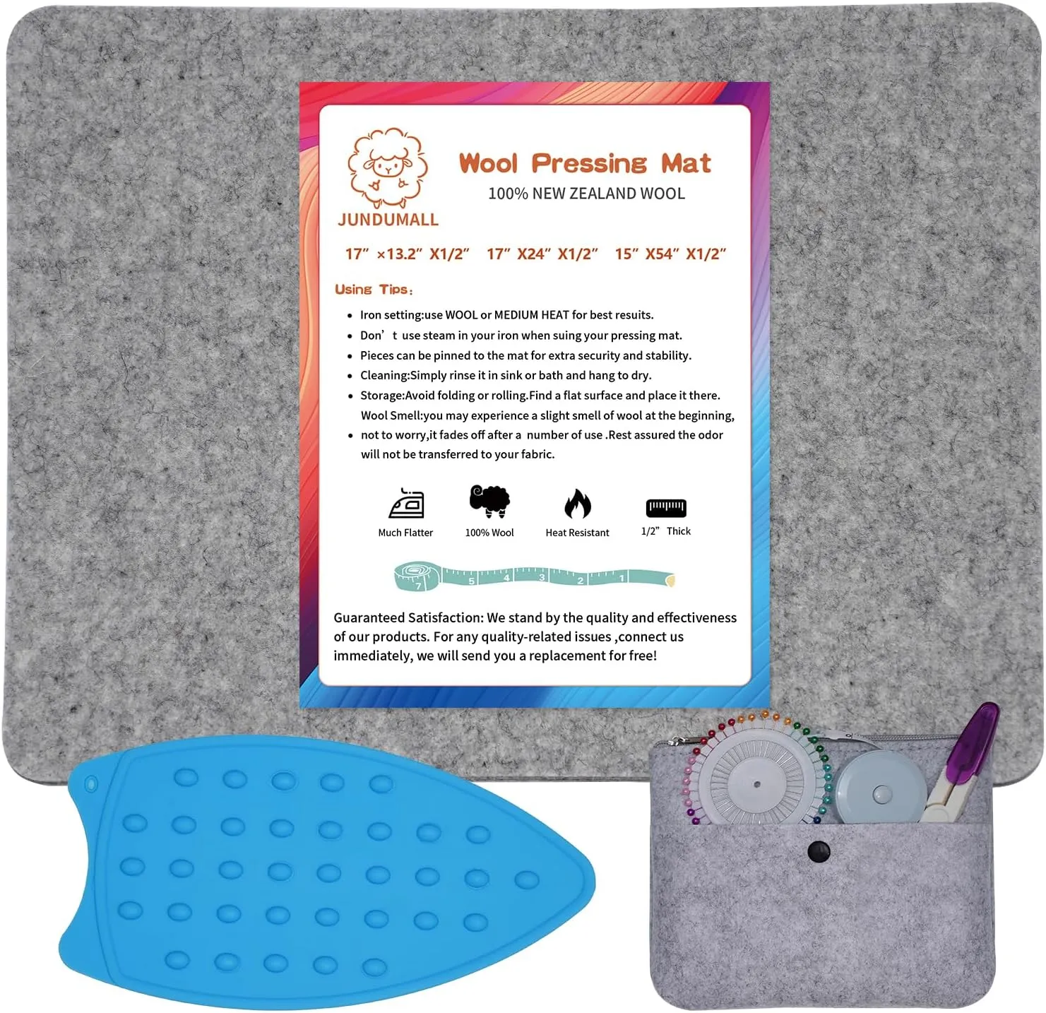 Wool Pressing Mat for Quilting17" x 13.5" Felt Ironing Pad 3/8" Thick,100% New Zealand Wool for Ironing, Sewing,Cutting on Ironing Board,Tabletop,Dryer,Countertop