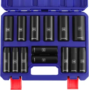 WORKPRO 14-Piece 1/2＂ Drive Deep Impact Socket Set, 6-Point Impact Deep Socket Set with Heavy Duty Storage Case for Automotive and Mechanical Repairs, 10mm-27mm, Cr-V Steel, Metric