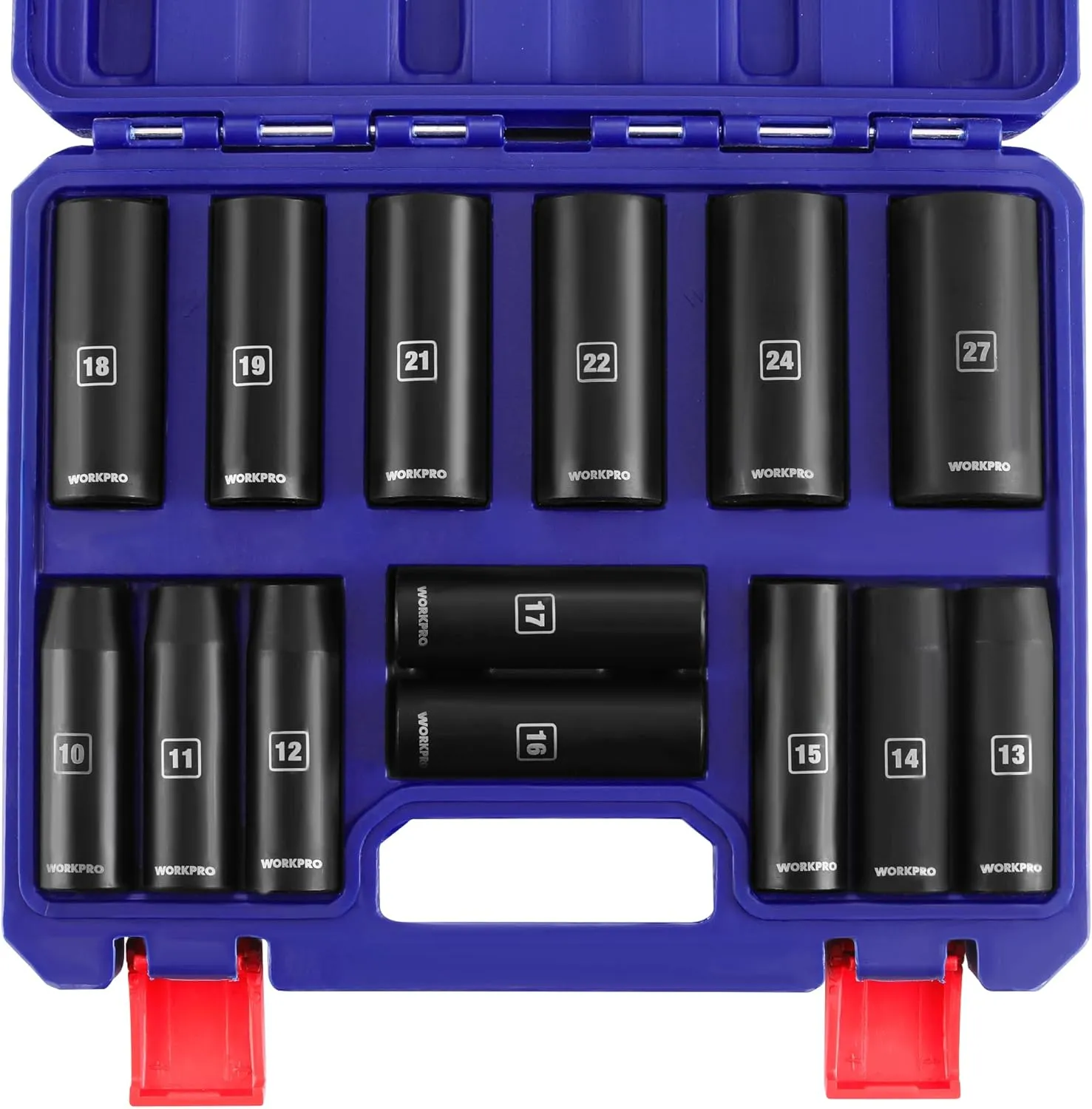 WORKPRO 14-Piece 1/2＂ Drive Deep Impact Socket Set, 6-Point Impact Deep Socket Set with Heavy Duty Storage Case for Automotive and Mechanical Repairs, 10mm-27mm, Cr-V Steel, Metric