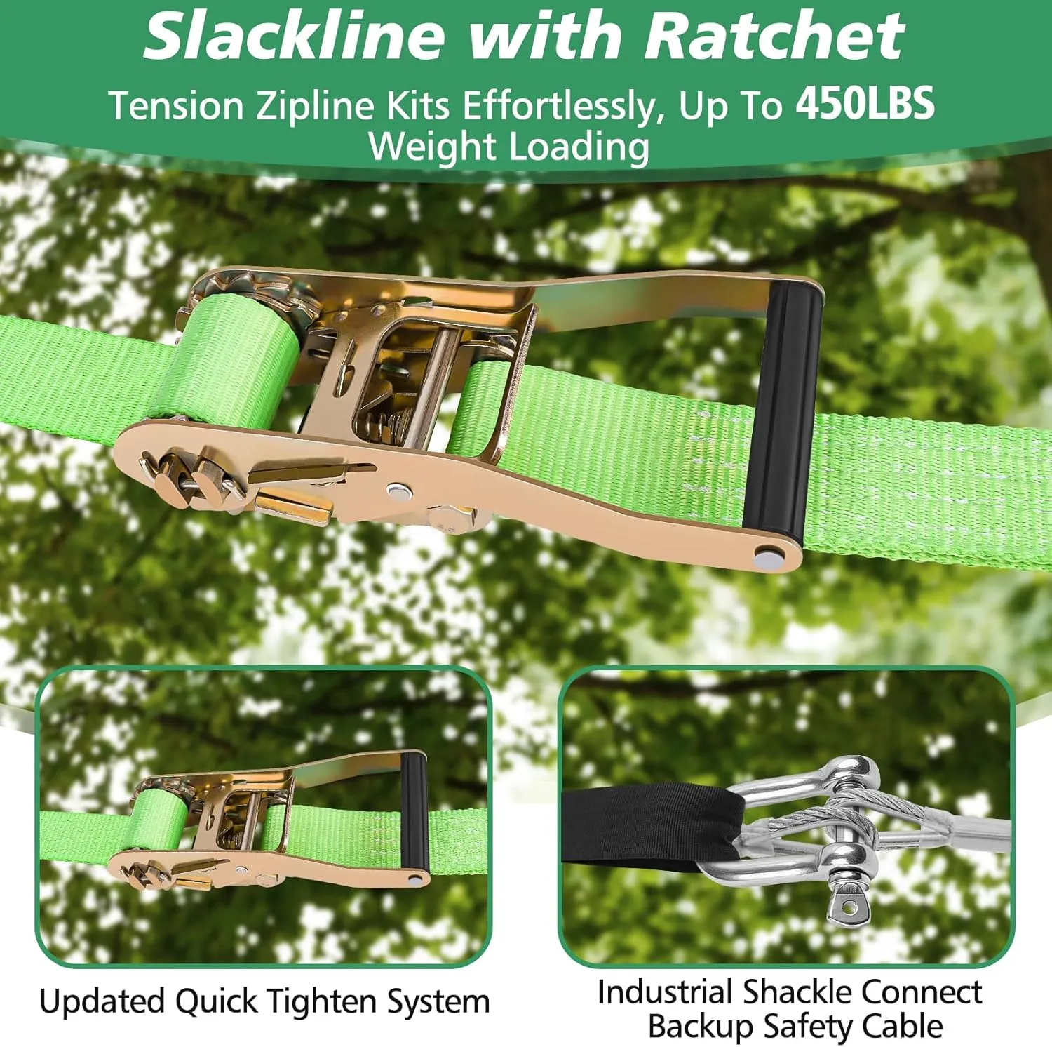 X XBEN Zip line Kit for Kids and Adults Outdoor: Up to 500Lbs - 80FT Quick Tighten Zipline for Backyard with Removable Trolley Swing Seat Spring Brake Ratchet Strap