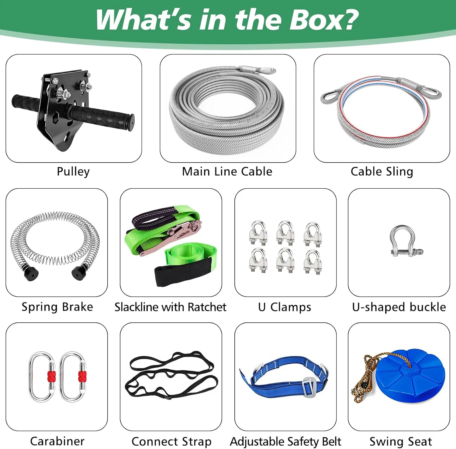 X XBEN Zip line Kit for Kids and Adults Outdoor: Up to 500Lbs - 80FT Quick Tighten Zipline for Backyard with Removable Trolley Swing Seat Spring Brake Ratchet Strap