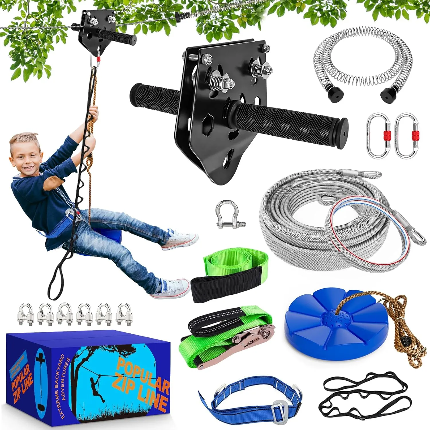 X XBEN Zip line Kit for Kids and Adults Outdoor: Up to 500Lbs - 80FT Quick Tighten Zipline for Backyard with Removable Trolley Swing Seat Spring Brake Ratchet Strap