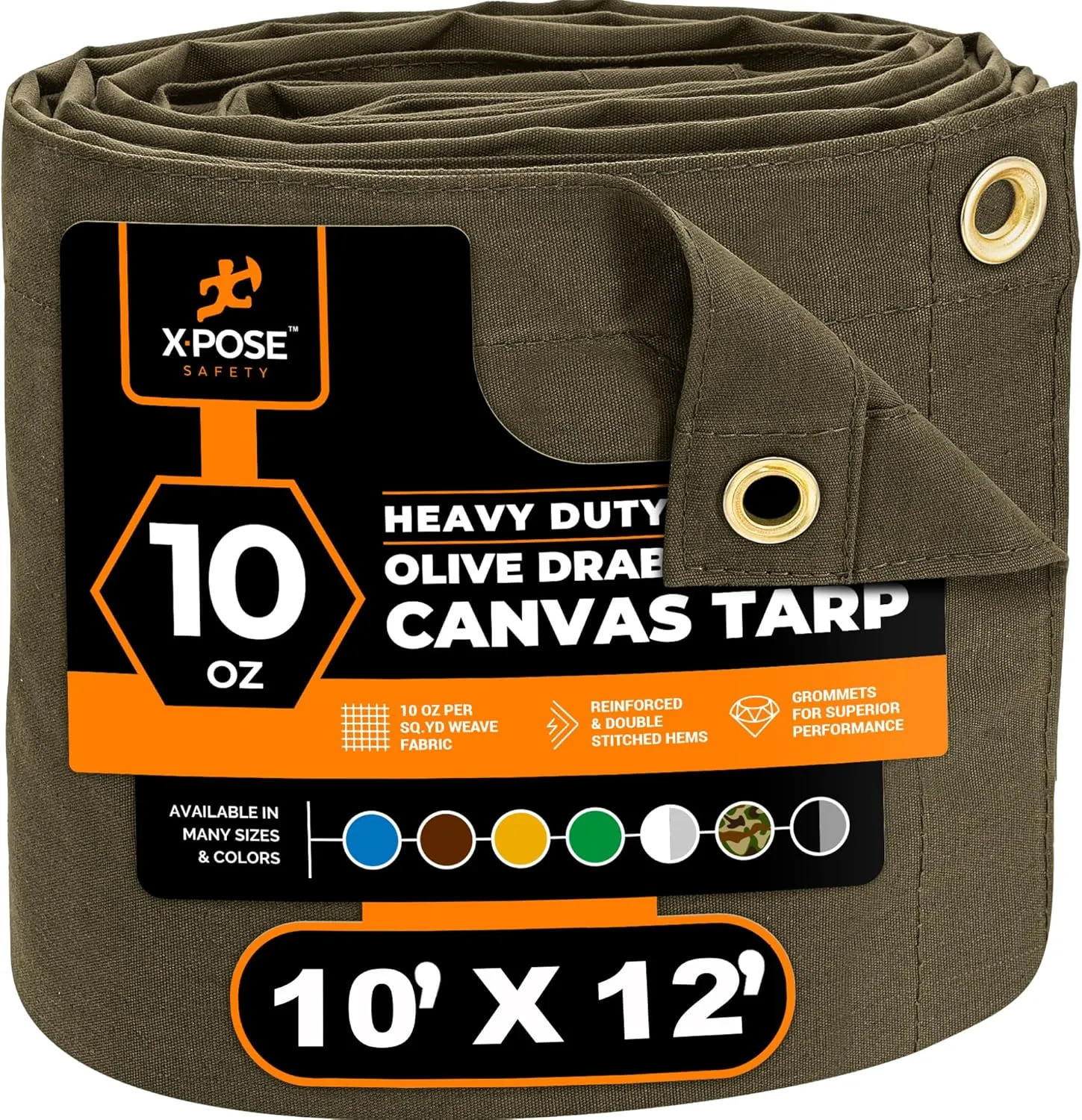 Xpose Safety Canvas Tarp - 10oz Olive Drab Canvas Tarps Heavy Duty Water Resistant with Brass Grommets- Multipurpose Outdoor Tarpaulin for Camping, Canopy, Trailer, Equipment Cover 10' x 12'