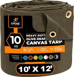 Xpose Safety Canvas Tarp - 10oz Olive Drab Canvas Tarps Heavy Duty Water Resistant with Brass Grommets- Multipurpose Outdoor Tarpaulin for Camping, Canopy, Trailer, Equipment Cover 10' x 12'