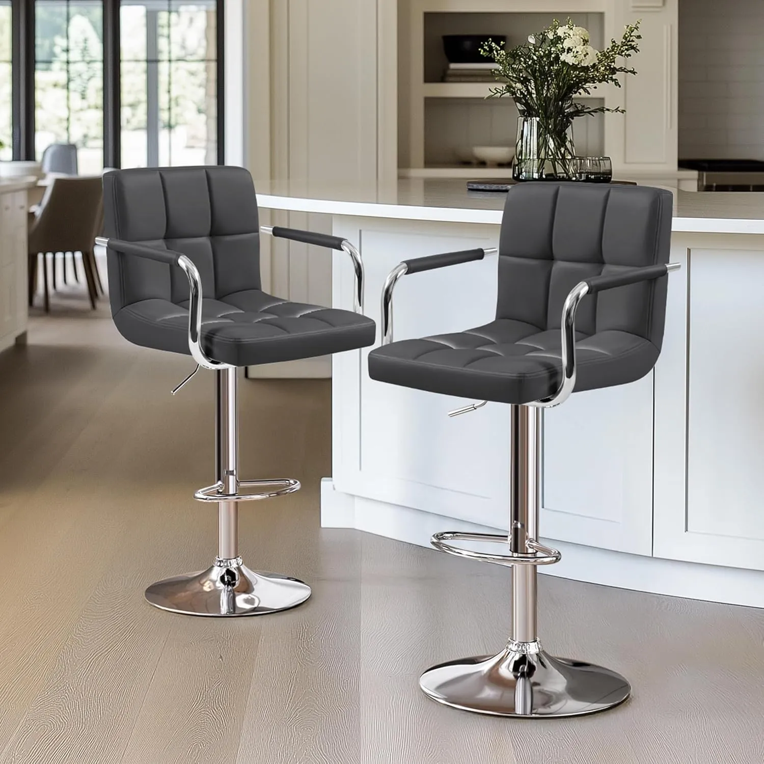 Yaheetech Bar Stools Set of 2, Adjustable PU Leather Swivel Barstools, Modern Counter Stools with Back and Footrest, Counter Height Barstools for Bar, Kitchen, Dining Room, Grey