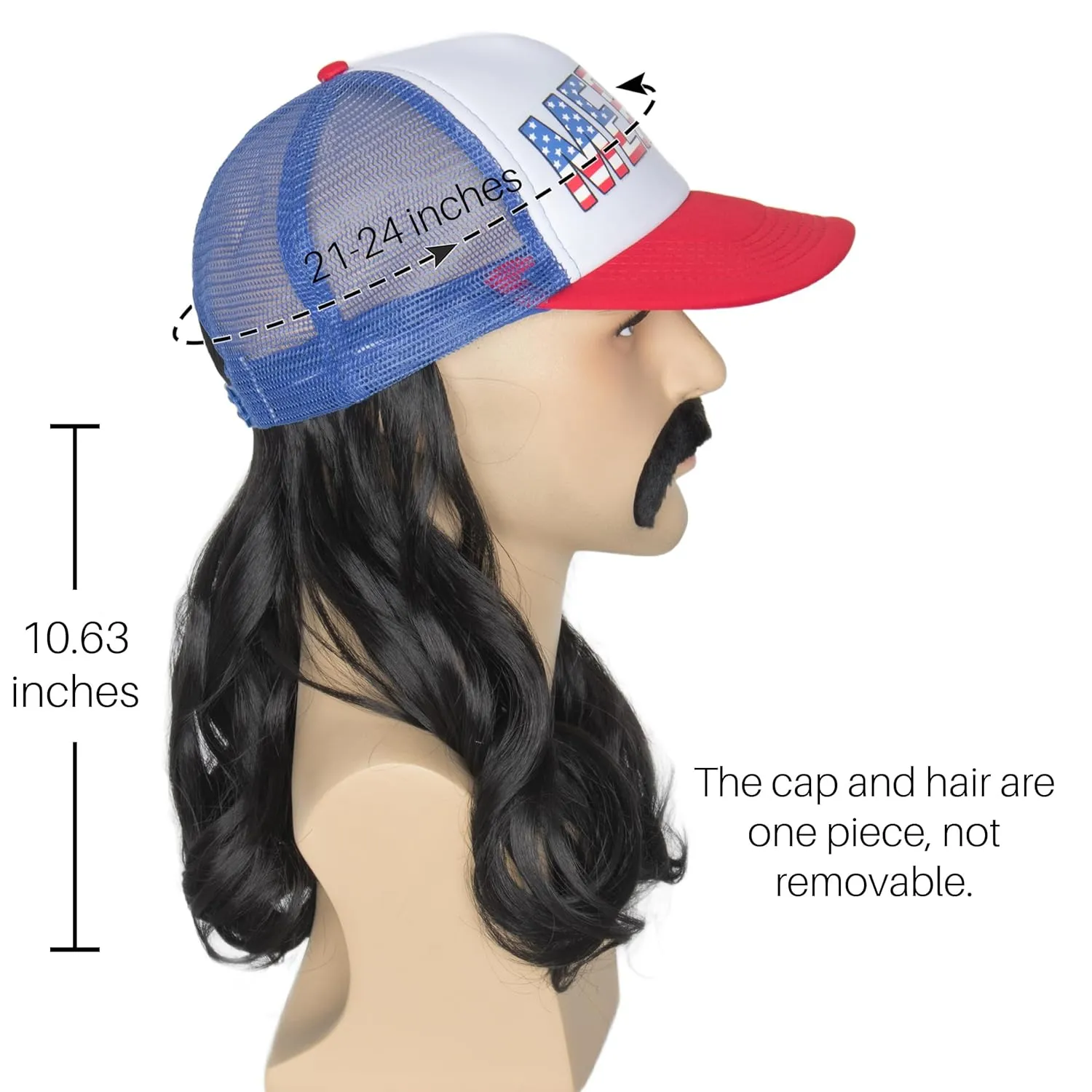 Yan Dream Black Curly Mullet Hat Wig with Mustache 4th of July American Costume Hat with Hair for Men Party Halloween