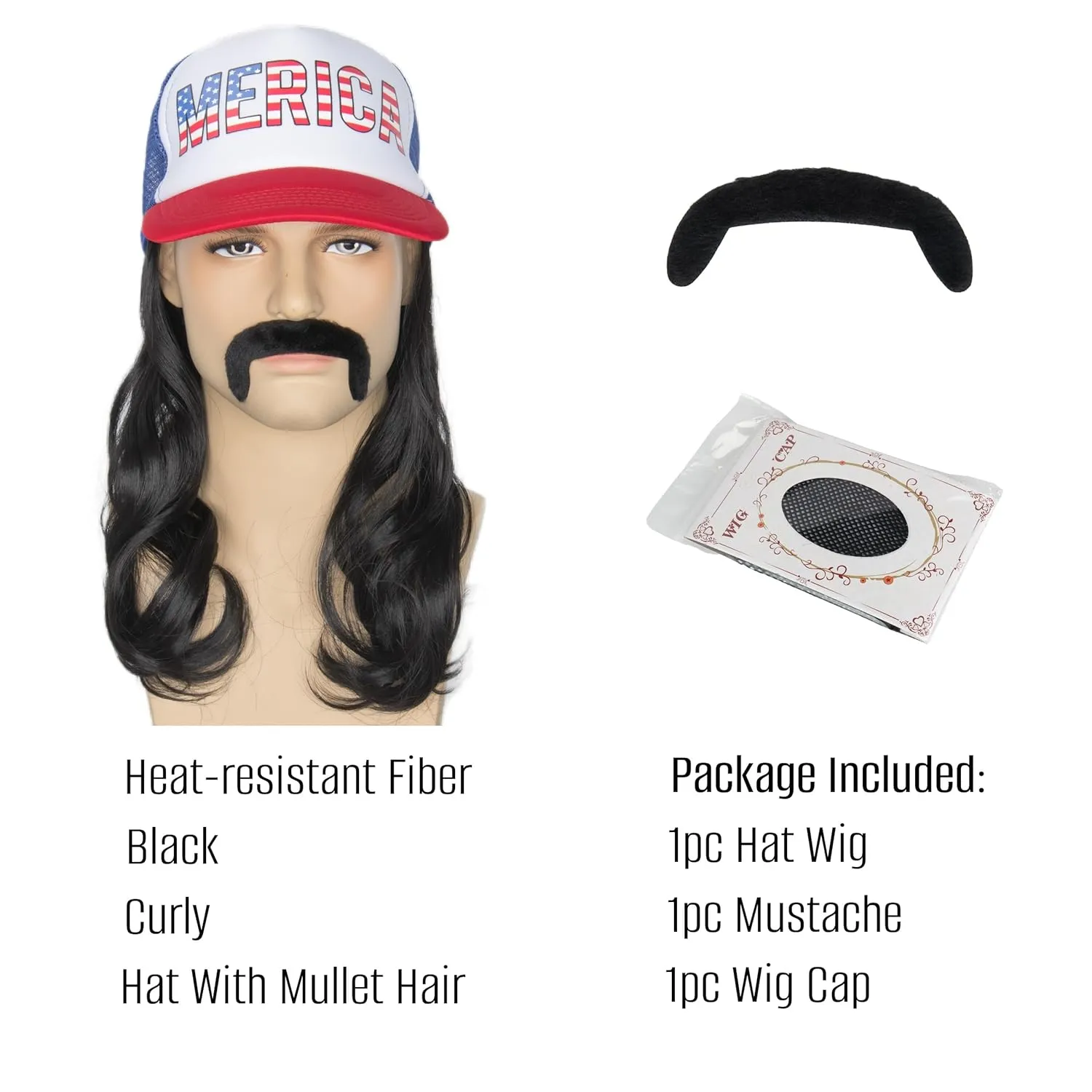 Yan Dream Black Curly Mullet Hat Wig with Mustache 4th of July American Costume Hat with Hair for Men Party Halloween