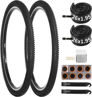 yeesport 2-Pack 26x1.95 Mountain Bike Tires with 26x1.95 Bike Tubes (AV 30mm) & Repair Kit – 26 Inch Bike Tires Durable MTB Tires and Inner Tubes for Trail, Gravel, and Muddy Paths
