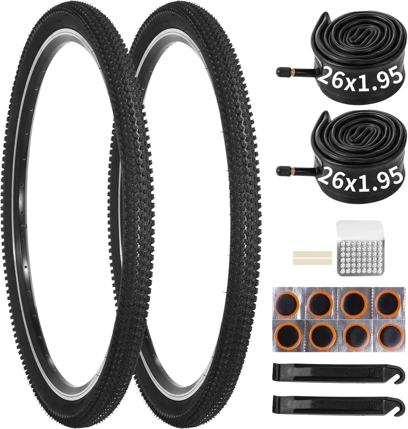 yeesport 2-Pack 26x1.95 Mountain Bike Tires with 26x1.95 Bike Tubes (AV 30mm) & Repair Kit – 26 Inch Bike Tires Durable MTB Tires and Inner Tubes for Trail, Gravel, and Muddy Paths