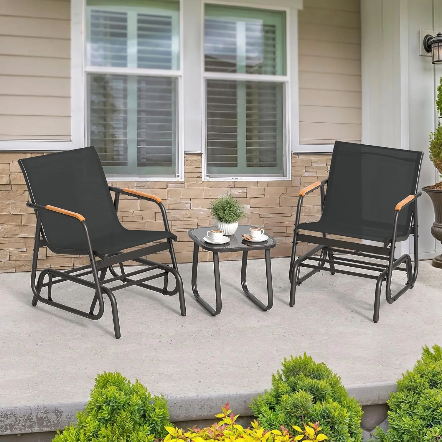 YITAHOME 3 Piece Patio Furniture Set, Outdoor Glider Chair Bistro Set, Coffee Table with Tempered Glass Tabletop, Patio Textilene Chairs Set of 2 for Backyard, Lawn, Garden, Balcony and Porch, Black