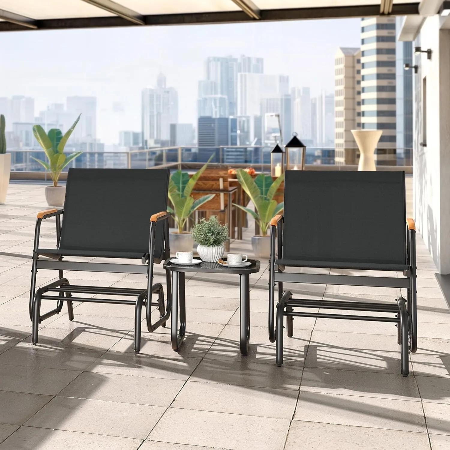 YITAHOME 3 Piece Patio Furniture Set, Outdoor Glider Chair Bistro Set, Coffee Table with Tempered Glass Tabletop, Patio Textilene Chairs Set of 2 for Backyard, Lawn, Garden, Balcony and Porch, Black