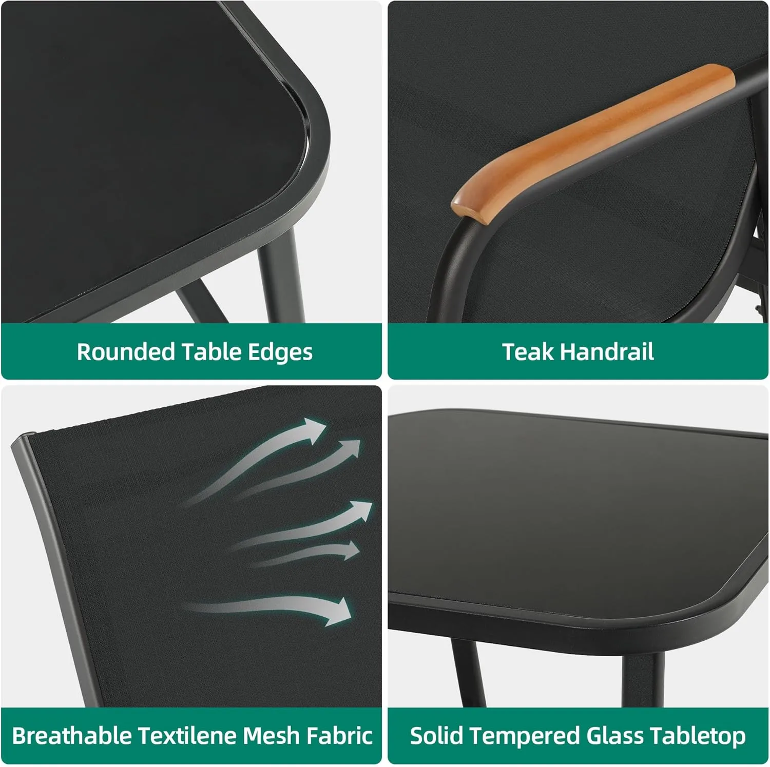 YITAHOME 3 Piece Patio Furniture Set, Outdoor Glider Chair Bistro Set, Coffee Table with Tempered Glass Tabletop, Patio Textilene Chairs Set of 2 for Backyard, Lawn, Garden, Balcony and Porch, Black