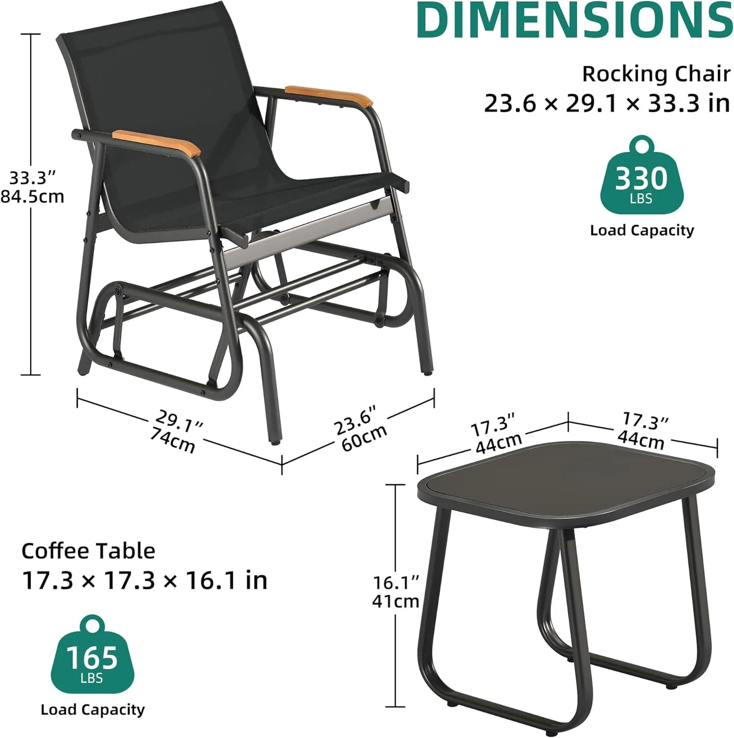 YITAHOME 3 Piece Patio Furniture Set, Outdoor Glider Chair Bistro Set, Coffee Table with Tempered Glass Tabletop, Patio Textilene Chairs Set of 2 for Backyard, Lawn, Garden, Balcony and Porch, Black