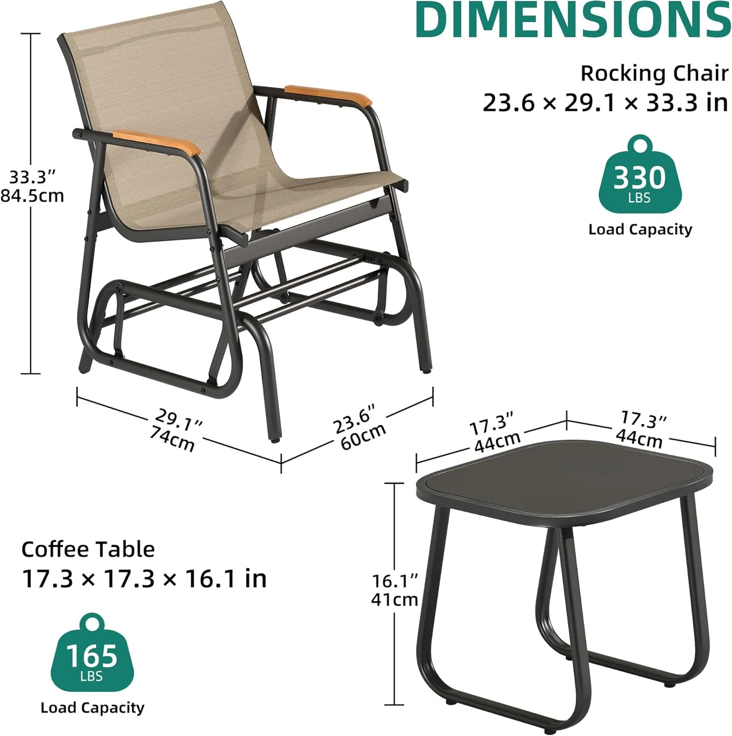 YITAHOME 3 Piece Patio Furniture Set, Outdoor Glider Chair Bistro Set, Coffee Table with Tempered Glass Tabletop, Patio Textilene Chairs Set of 2 for Backyard, Lawn, Garden, Balcony and Porch, Brown
