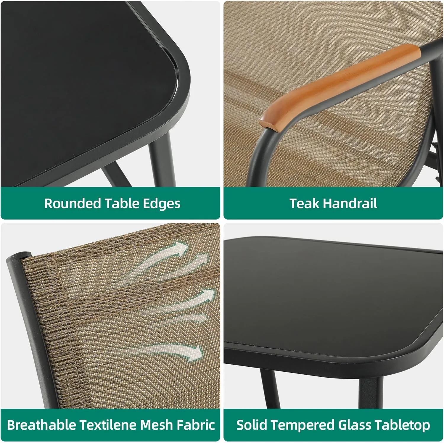 YITAHOME 3 Piece Patio Furniture Set, Outdoor Glider Chair Bistro Set, Coffee Table with Tempered Glass Tabletop, Patio Textilene Chairs Set of 2 for Backyard, Lawn, Garden, Balcony and Porch, Brown