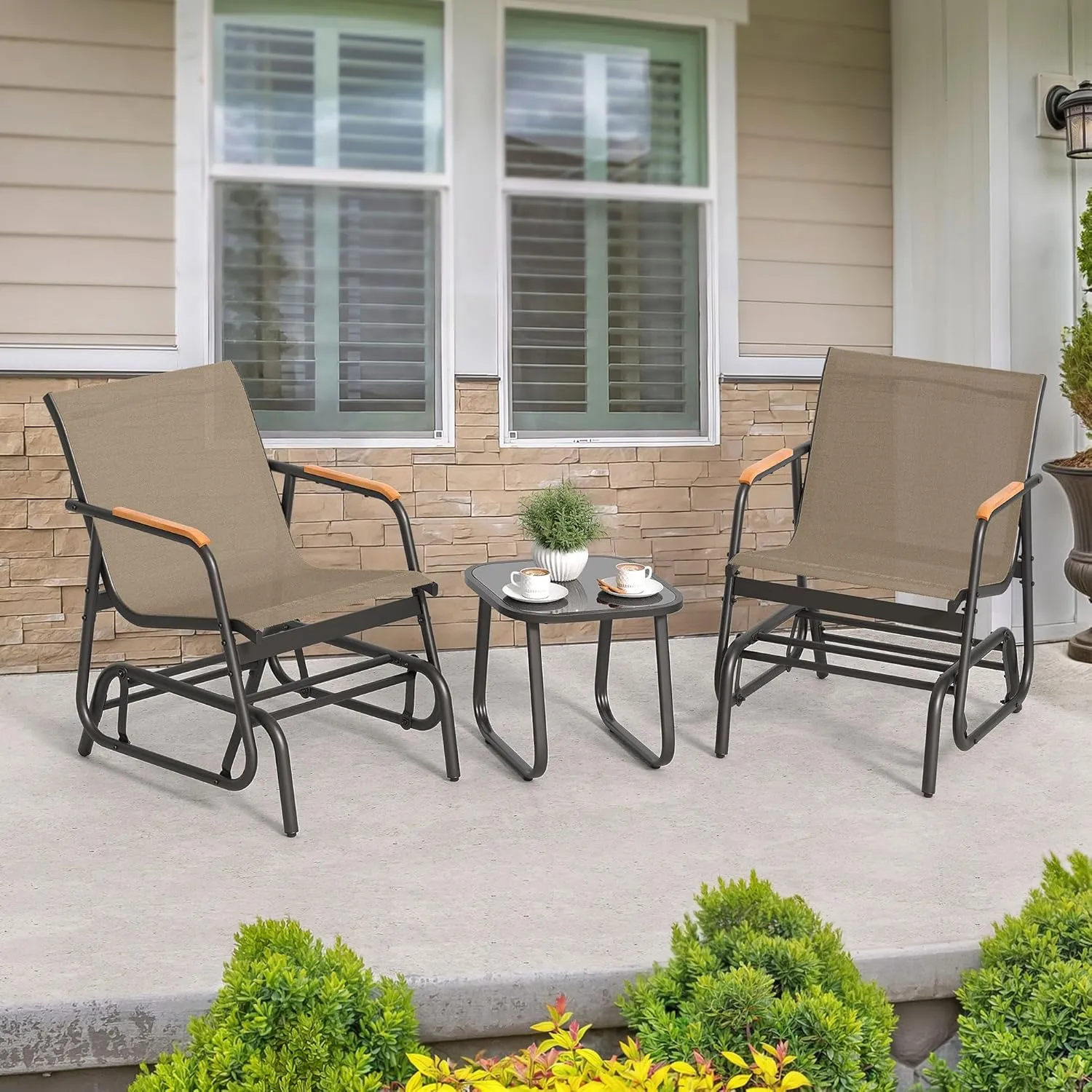 YITAHOME 3 Piece Patio Furniture Set, Outdoor Glider Chair Bistro Set, Coffee Table with Tempered Glass Tabletop, Patio Textilene Chairs Set of 2 for Backyard, Lawn, Garden, Balcony and Porch, Brown