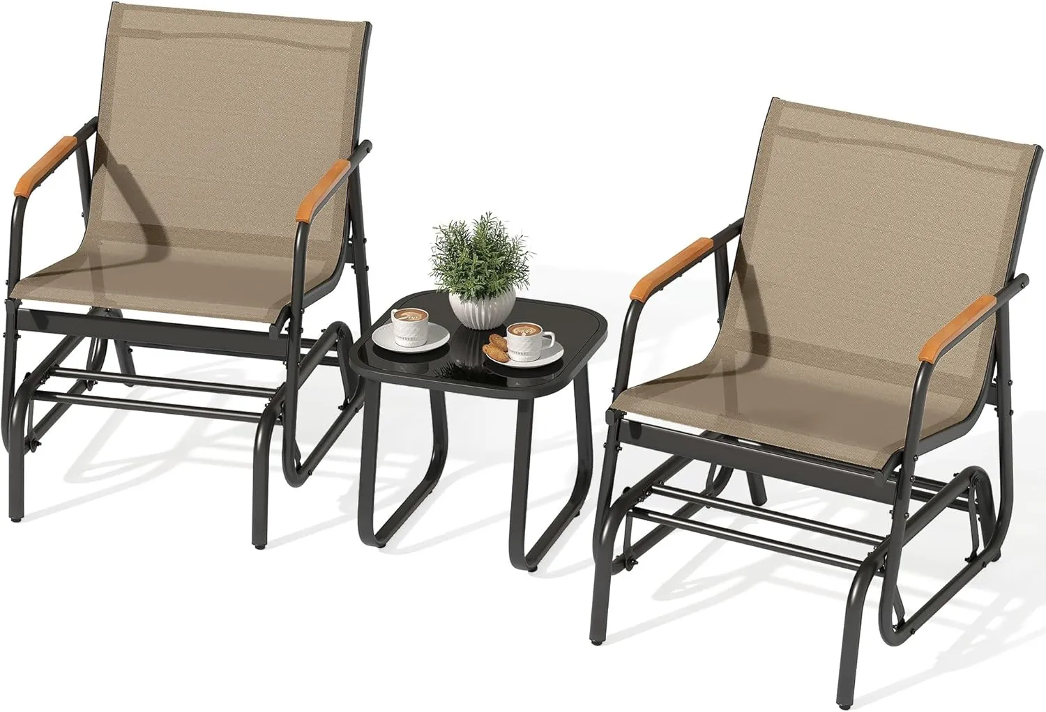YITAHOME 3 Piece Patio Furniture Set, Outdoor Glider Chair Bistro Set, Coffee Table with Tempered Glass Tabletop, Patio Textilene Chairs Set of 2 for Backyard, Lawn, Garden, Balcony and Porch, Brown